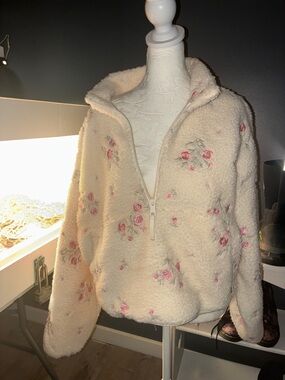 Altar'd State Cream Sherpa Half-Zip Jacket with Pink Floral Embroidery